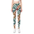 Detailed macro view of high-waist yoga leggings with teal and brown geometric pattern - Geometric