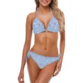Vista dettagliata del bikini celeste con motivo a coriandoli colorati e lacci al collo - Taglia S / Verde