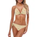 Full view of a cream sprinkle print bikini set featuring a halter top and tie-side bottoms - S / Khaki