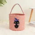 Cesto di Halloween in tela a quadretti con stampa gatto nero strega per dolci - Plaid Arancione Bianco