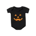 Detail view of baby black cotton onesie with orange jack-o'-lantern face for Halloween - Newborn / Black