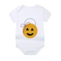 Detailed macro view of orange Halloween pumpkin print on white cotton baby bodysuit - 12 Months / Style 1