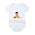 Detail view of a soft white cotton baby onesie featuring a Halloween dog and pumpkin print - Style 3