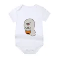 Detail view of the cute Halloween ghost print on a soft white baby onesie bodysuit - 12 Months / Style 4