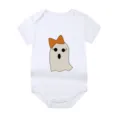 White newborn bodysuit featuring a cute cartoon ghost with orange bow Halloween print. - 12 Months / Style 6