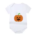 Detailed view of a white newborn baby bodysuit featuring a cute Halloween pumpkin print. - Style 7