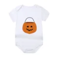 Detailed close-up of the Halloween pumpkin basket print on a soft white baby bodysuit. - Style 8