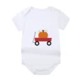 Detailed view of white baby bodysuit featuring a festive Halloween pumpkin wagon print - Style 9