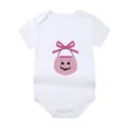 Detailed shot of white newborn baby onesie featuring a pink Halloween pumpkin design. - Style 10