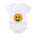 Close-up view of a white newborn baby bodysuit featuring a cute Halloween pumpkin bucket design - Style 11
