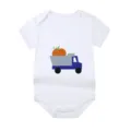 White baby onesie featuring a cute pumpkin truck graphic design for Halloween festivities - Style 14