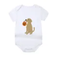 White newborn baby bodysuit with cute dog holding a Halloween pumpkin lantern bucket - Style 15
