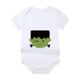 Close-up of the Frankenstein cartoon print on a white Halloween baby bodysuit. - Style 16