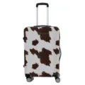 Detailed view of elastic suitcase dust cover with brown cow print pattern - S / Cow Print