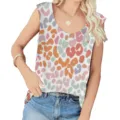 Detailed view of colorful leopard print sleeveless U-neck tank top for summer wear - S / Tops / Colorful Leopard 4