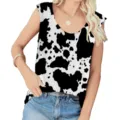 Detail shot of a women's U-neck sleeveless tank top with a bold cow print pattern - Leopard 3