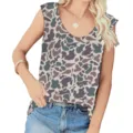 Detail view of women's loose camouflage tank top with a comfortable U-neck design - Leopard 4