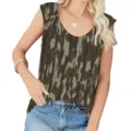 Detailed view of women's U-neck camouflage sleeveless tank top with a comfortable loose fit - Camouflage