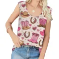 Detail of loose U-neck tank top with pink cowboy boots and heart pattern. - Cowboy 2