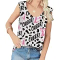 Close-up of white women's U-neck tank top with pink cheerleader and leopard print - Letter 1