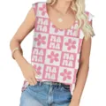 Detailed view of women's sleeveless top with pink checkerboard and MAMA print - Letter 2