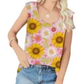 Detail of summer sleeveless U-neck tank top featuring a vibrant sunflower floral pattern - Sunflower