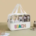 Large waterproof PVC travel wash bag with colorful BEACH lettering and clear window - White