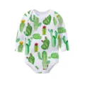 Watercolor cactus print detail on long-sleeved baby bodysuit with soft white fabric - 3m / Cactus