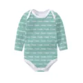 Detailed view of mint green long-sleeve baby bodysuit featuring custom script name print - 3m / Alphabet