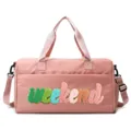 Pink sports fitness travel bag featuring colorful chenille 'weekend' embroidery detail - Pink