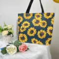 Vibrant sunflower print canvas tote bag with large capacity for stylish daily commute - Sunflower