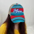 Close-up detail of Mama text print on colorful striped women's ponytail baseball cap - Colorful Stripes