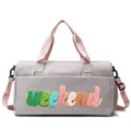 Stylish grey sports duffel bag with colorful weekend chenille patch and pink straps - Gray and Pink