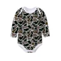 Long-sleeved baby bodysuit with earthy-toned camouflage print and snap button closure. - 3m / Black Camo