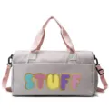Grey large capacity travel duffel bag with colorful chenille STUFF letter patches - Dusty Pink