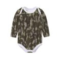Detailed view of long-sleeved baby romper featuring camouflage tree bark pattern design - 3m / Green Camouflage