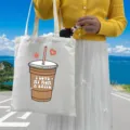 White canvas tote bag with 'I Love My Mom A Latte' print and hairbrush detail - Style 4