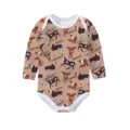 Long sleeve baby onesie with brown cow and cowpuncher print on a soft beige base. - 3m / Cute Cow 1
