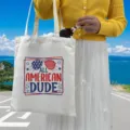 White canvas tote bag with Independence Day 'All American Dude' print for daily casual use. - Style 8
