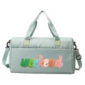 Close-up view of the vibrant colorful chenille weekend patch on light green bag - Green