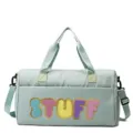 Large capacity mint green duffle bag with colorful fuzzy STUFF patch letters for gym and travel - Green