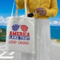Detail view of Independence Day canvas tote bag with America Land That We Love print - Style 10