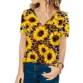 Detail of women's loose-fit V-neck short sleeve T-shirt with leopard and sunflower print - Sunflower