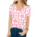 Detail view of women's pink checkered MAMA graphic V-neck short sleeve summer T-shirt - Letter 1