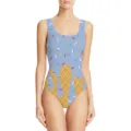 Vista dettagliata del costume da bagno intero da donna con stampa gelato azzurro. - XXS / Azzurro