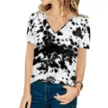 Detail showing the cow print pattern on a casual V-neck short sleeve T-shirt for women - Leopard 4