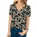 Close-up of women's loose V-neck T-shirt featuring a stylish camouflage print pattern - Leopard 3