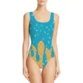 Primo piano di un costume da bagno intero da donna con fantasia gelato e zuccherini - XXS / Blu