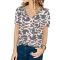 Detailed view of women's loose V-neck T-shirt featuring a subtle camouflage pattern - Leopard 2