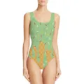 Dettaglio frontale costume da bagno intero verde con stampa di zuccherini colorati vivaci - Verde